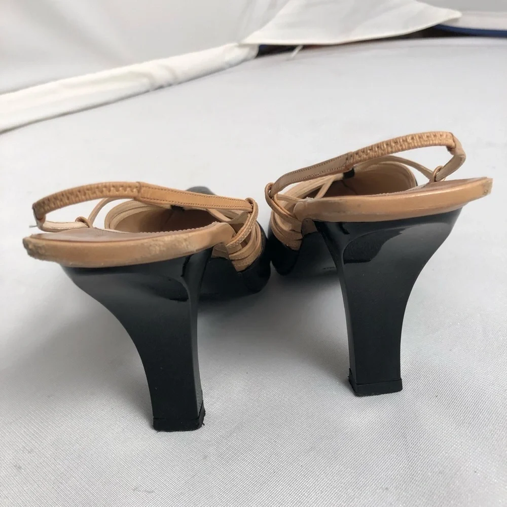 Chanel black and tan leather strappy slingback heel shoes
